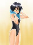  black_hair chaborin competition_swimsuit green_eyes highleg highleg_swimsuit one-piece_swimsuit original short_hair solo swimsuit towel 