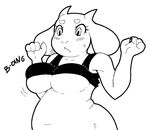  animal_ears black_and_white blush bouncing_breasts breasts caprine chubby claws female fur goat horn mammal monochrome monster plain_background solo sweat text toriel under_boob undertale unknown_artist white_background 