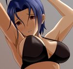  ahoge armpits arms_up blue_hair breasts brown_eyes grey_background idolmaster idolmaster_(classic) large_breasts looking_at_viewer miura_azusa parted_lips short_hair simple_background solo strap_gap taka_(takahirokun) 