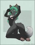  4_toes abstract_background anyare blue_eyes breasts canine chest_tuft digitigrade ear_piercing female fox fur green_hair grey_fur hair hindpaw kneeling mammal necklace nipples nude pawpads paws piercing soles solo toes tuft veda 