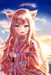  1girl :d animal_ears backlighting bangs blue_eyes blue_sky blush brown_hair cat_ears cloud eyebrows_visible_through_hair fang floral_print highres horizon japanese_clothes kimono long_hair long_sleeves looking_at_viewer mishuo_(misuo69421) ocean open_mouth original outdoors print_kimono red_kimono sky smile solo standing sunlight sunset upper_body water wide_sleeves 