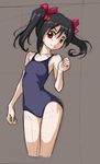 bangs black_hair blue_swimsuit bow clenched_hand cropped_legs grey_background hair_bow looking_at_viewer love_live! love_live!_school_idol_project one-piece_swimsuit pink_bow red_eyes rohitsuka school_swimsuit sketch smile solo swimsuit twintails yazawa_nico 