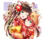  2girls ;) ;d animal_ears animal_hat back_bow bangs blunt_bangs bow braid chinese_zodiac floral_background floral_print flower gloves green_eyes hair_flower hair_ornament happy_new_year hat hirako hug japanese_clothes kimono kurosawa_dia kurosawa_ruby long_hair looking_at_viewer love_live! love_live!_sunshine!! mole mole_under_mouth multiple_girls new_year one_eye_closed open_mouth paw_gloves paws pig_hat red_flower red_kimono siblings sisters smile twintails twitter_username upper_body year_of_the_pig 