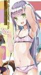  animal_ears bow bow_bra bra elbia_hernaiman flat_chest green_eyes grey_hair hand_in_hair lace lace-trimmed_bra lace-trimmed_panties long_hair multiple_girls navel outbreak_company panties petralka_anne_eldant_iii pink_bra pink_panties smile underwear underwear_only yuugen 