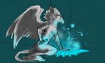  beak blajn breasts eyewear feathers female fur glowing goggles gryph000 gryphon simple_background sketch solo white_fur wings 