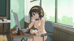  1girl breasts chair chalkboard classroom computer cup female hair_ribbon nifoc nipples nude nude_filter photoshop ribbon school solo suzumiya_haruhi suzumiya_haruhi_no_yuuutsu window zenra 