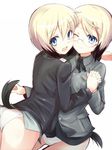  :d ;) ass blonde_hair blue_eyes blush cheek-to-cheek erica_hartmann glasses holding_hands interlocked_fingers looking_at_viewer looking_back military military_uniform mobu multiple_girls no_pants one_eye_closed open_mouth panties short_hair siblings simple_background sisters smile strike_witches tail underwear uniform ursula_hartmann white_background white_panties world_witches_series yuri 