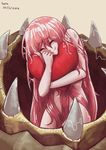  absurdres closed_eyes heart heart_pillow highres hug long_hair lutherniel monster_girl monster_girl_encyclopedia pillow pillow_hug red_hair sandworm_(monster_girl_encyclopedia) solo 