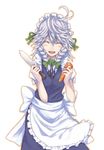  :d ^_^ apron bandaid blush bow braid carrot closed_eyes colored_eyelashes frills hair_bow hair_ribbon izayoi_sakuya knife long_hair maid maid_headdress mumulatte open_mouth ribbon silver_hair smile solo touhou twin_braids 