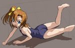  :d barefoot blue_eyes brown_hair kousaka_honoka looking_at_viewer love_live! love_live!_school_idol_project lying on_stomach one-piece_swimsuit one_side_up open_mouth rohitsuka school_swimsuit short_hair sketch smile swimsuit 