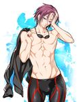  brown_hair cowboy_shot free! goggles goggles_around_neck hand_on_own_head holding jacket jammers kure_masahiro looking_at_viewer male_focus matsuoka_rin muscle open_mouth parted_lips red_eyes shirtless solo standing 