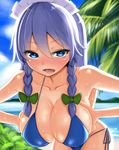  bad_id bad_pixiv_id beach bent_over bikini blue_bikini blue_eyes blush braid breasts cleavage cloud collarbone day grabbing highres huge_breasts ikami_(rockhardridefree) izayoi_sakuya lake looking_at_viewer maid maid_headdress open_mouth palm_tree side-tie_bikini silver_hair skindentation solo sweat swimsuit touhou tree twin_braids upper_body 