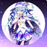  absurdres bad_id bad_pixiv_id blue_eyes blue_hair cape fingerless_gloves gloves hat hatsune_miku highres long_hair open_mouth smile snowflakes solo suki!_yuki!_maji_magic_(vocaloid) vocaloid wand witch_hat yuki_miku 