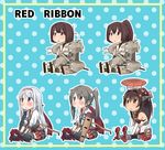  ahenn bow_(weapon) brown_eyes brown_hair hairband hyuuga_(kantai_collection) ise_(kantai_collection) japanese_clothes kantai_collection long_hair multiple_girls muneate ponytail ribbon short_hair shoukaku_(kantai_collection) silver_hair sitting twintails weapon yamato_(kantai_collection) zuikaku_(kantai_collection) 