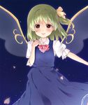  blue_background bow daiyousei dress fairy_wings green_hair hair_ribbon hand_on_own_chest looking_at_viewer outstretched_arm parted_lips petals pointy_ears puffy_short_sleeves puffy_sleeves ribbon ruri_(ruri_usm) short_hair short_sleeves side_ponytail simple_background solo touhou wings yellow_eyes 