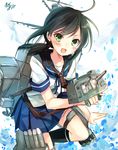  :d black_hair comic commentary_request fubuki_(kantai_collection) green_eyes kantai_collection long_hair looking_at_viewer machinery open_mouth pleated_skirt school_uniform serafuku short_hair short_sleeves signature skirt smile solo toosaka_asagi turret v-shaped_eyebrows 