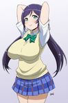  arms_behind_head arms_up blue_skirt blush breasts green_eyes haganemaru_kennosuke heart heart-shaped_pupils impossible_clothes impossible_shirt large_breasts love_live! love_live!_school_idol_project otonokizaka_school_uniform school_uniform shirt short_sleeves skirt smile solo sweater_vest symbol-shaped_pupils toujou_nozomi white_shirt 