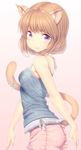  animal_ears blush brown_hair cat_ears cat_tail gradient gradient_background looking_at_viewer original pink_background purple_eyes ribbon shorts simple_background sleeveless smile solo tail tail_ribbon zizi_(zz22) 
