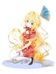  absurdres blonde_hair blue_eyes bow china_dress chinese_clothes dress fan flats highres long_hair original sitting smile stocking_stuffer thighhighs very_long_hair wavy_hair 