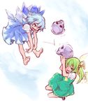  barefoot blocking blue_eyes blue_hair bow cirno daiyousei dress fairy_wings flying gradient gradient_background green_eyes green_hair hair_bow hair_ribbon legs_folded looking_at_another mary_janes multiple_girls open_mouth ribbon shiro_(hakukosui) shoes short_sleeves side_ponytail simple_background skull throwing touhou wings 