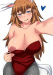  animal_ears blue_eyes blush breasts bunny_ears bunnysuit charlotte_e_yeager heart huge_breasts komusou_(jinrikisha) leotard leotard_pull licking_lips long_hair nipples orange_hair pantyhose red_leotard solo strike_witches sweatdrop tail tongue tongue_out world_witches_series 