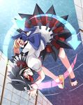  bangle black_hair bow bracelet directional_arrow dress evil_grin evil_smile grin horns jewelry kijin_seija multicolored_hair nail_polish nobu_baka red_eyes red_hair sandals short_hair short_sleeves smile solo streaked_hair touhou upside-down water white_hair 