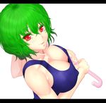  :d back bad_anatomy bad_id bad_pixiv_id bangs blue_swimsuit breasts cleavage collarbone colored_eyelashes covered_nipples downblouse fingernails from_side green_hair hair_between_eyes holding holding_umbrella kazami_yuuka kinohino large_breasts letterboxed long_fingernails looking_at_viewer looking_back nose one-piece_swimsuit open_mouth over_shoulder parasol puffy_nipples red_eyes sideboob simple_background smile solo swimsuit taut_clothes taut_swimsuit toned touhou umbrella upper_body wavy_hair white_background 