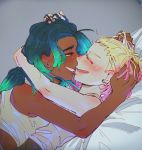  2girls absurdres arm_around_neck bare_arms bare_shoulders blonde_hair blush camisole couple dark_skin dutch_angle earrings eyes_closed face-to-face from_side girl_on_top green_eyes green_hair half-closed_eyes hand_in_another&#039;s_hair hand_on_another&#039;s_head highres hime_(splatoon) hug humanization iida_(splatoon) imminent_kiss jewelry long_hair looking_at_another lying lying_on_person multicolored_hair multiple_girls nimae04 nose_blush on_back on_stomach pink_hair short_hair sidelocks smile splatoon splatoon_(series) splatoon_2 upper_body yuri 