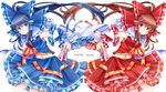  alternate_color arm_up armpits aru16 ascot blue_eyes blue_hair bow brown_hair detached_sleeves frilled_bow frilled_skirt frills hair_bow hair_tubes hakurei_reimu highres leaning_forward light_smile looking_at_viewer midriff navel ofuda player_2 ponytail red_eyes simple_background skirt skirt_set symmetry touhou white_background white_sleeves 