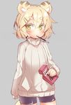  animal_ears bike_shorts blonde_hair eating food green_eyes grey_background looking_at_viewer original pocky short_hair simple_background solo sweater tail tiger_ears tiger_tail tomcat_(moconeko) toramimi-senpai 