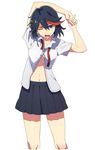  arms_up black_skirt collarbone dress_shirt feet_out_of_frame highres kill_la_kill looking_at_viewer matoi_ryuuko multicolored_hair navel open_clothes open_mouth open_shirt pleated_skirt shirt short_hair short_sleeves skirt solo stretch sugi_koutarou undone_necktie yawning 
