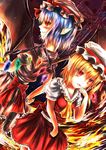  absurdres back-to-back bat_wings blonde_hair blue_hair bow cross dutch_angle facing_away fang fiery_background finger_to_mouth fire flandre_scarlet hat hat_ribbon highres looking_at_viewer mob_cap multiple_girls open_mouth p-yama pointy_ears red_eyes remilia_scarlet ribbon short_hair short_sleeves siblings sisters slit_pupils smirk sparkle touhou wings 