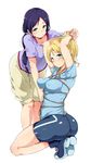  alp ass ayase_eli bdsm bike_shorts blonde_hair blush bondage bound breasts crescent green_eyes kneeling long_hair looking_at_viewer love_live! love_live!_school_idol_project medium_breasts multiple_girls purple_hair rope shibari shibari_over_clothes shirt shoes short_hair t-shirt toujou_nozomi 