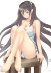  aqua_eyes bare_shoulders barefoot blush breasts brown_hair cleavage dress full_body large_breasts long_hair looking_at_viewer muffin_(sirumeria) original shiny simple_background sitting solo stool sundress white_background 