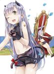  ;d animal_costume animal_ears bell bodysuit bow cat_costume cat_ears cat_paws cat_tail fang gloves green_eyes grey_hair long_hair navel one_eye_closed open_mouth outbreak_company paw_gloves paw_print paws petralka_anne_eldant_iii shorts smile solo tail tail_bow throne yuugen 