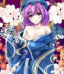  breasts cleavage faux_traditional_media flower hat japanese_clothes kimono large_breasts mob_cap obi off_shoulder pink_eyes pink_hair rinaka_moruchi saigyouji_yuyuko sash short_hair sleeves_past_wrists smile solo touhou wavy_hair wide_sleeves 