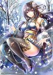  black_hair genjiguruma highres long_hair looking_at_viewer official_art purple_eyes sasana snow solo tenka_touitsu_chronicle thighhighs watermark 