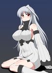  bare_shoulders breasts cosplay detached_sleeves dress kantai_collection large_breasts long_hair lyrical_nanoha mahou_shoujo_lyrical_nanoha mahou_shoujo_lyrical_nanoha_a's red_eyes reinforce ribbed_dress seaport_hime seaport_hime_(cosplay) shinkaisei-kan short_dress sideboob single_hair_intake solo thighs white_hair zerosu_(take_out) 