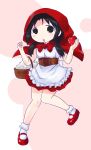  1girl alternate_costume apple basket black_eyes black_hair capelet chito_(shoujo_shuumatsu_ryokou) cosplay food frills fruit full_body gobera holding hood little_red_riding_hood_(grimm) little_red_riding_hood_(grimm)_(cosplay) mary_janes shoes shoujo_shuumatsu_ryokou solo twintails 