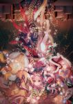  1girl animal arms_up bare_legs barefoot bell blurry blurry_background box buttons dress eyes_closed facial_mark forehead_mark full_body gift gift_box glint highres long_hair looking_at_viewer nail_polish plant purple_eyes purple_hair purple_nails reindeer short_dress snowflakes solo toenail_polish touhou tsukumo_benben upside-down wristband yasato 