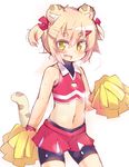  :d animal_ears bike_shorts blonde_hair bow breath cheerleader fang flat_chest looking_at_viewer midriff open_mouth original pom_poms short_hair shorts shorts_under_skirt skirt smile solo tail tiger_ears tiger_tail tomcat_(moconeko) toramimi-senpai twintails white_background yellow_eyes 