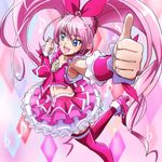  armpits blue_eyes bow brooch choker cure_melody frilled_skirt frills haruyama_kazunori houjou_hibiki jewelry long_hair magical_girl midriff musical_note pink_bow pink_choker pink_hair pink_legwear precure skirt solo suite_precure thighhighs thumbs_up twintails 