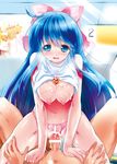  1girl bare_shoulders blue_eyes blue_hair blush bow breasts censored cowgirl_position cum cum_on_body cum_on_breasts cum_on_upper_body gem girl_on_top hair_bow hayase_miyuki hetero highres large_breasts long_hair no_pants no_pupils non-web_source open_mouth panties panties_aside penis pink_panties public sex shirt_lift solo_focus straddling taira_kosaka tears triangle! trif underwear vaginal 