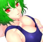  bad_anatomy bad_id bad_pixiv_id breasts cleavage close-up collarbone covered_nipples fingernails green_hair highres holding kazami_yuuka kinohino large_breasts looking_at_viewer nose parasol red_eyes sideboob simple_background solo swimsuit toned touhou umbrella wavy_hair white_background 