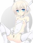  anus bad_id bad_pixiv_id blonde_hair blue_eyes blush boots breasts censored elbow_gloves gloves hair_ornament highres looking_at_viewer nipples noveske_n4 original peeling pussy short_hair sitting small_breasts solo spread_legs thighhighs white_legwear 