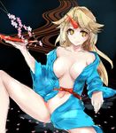  bare_legs black_background blonde_hair breasts breasts_apart collarbone faux_traditional_media groin hoshiguma_yuugi japanese_clothes kimono large_breasts long_hair lying navel no_bra no_panties on_back open_clothes open_kimono red_eyes rinaka_moruchi short_kimono solo spread_legs touhou yellow_eyes 