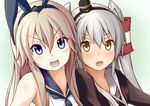  amatsukaze_(kantai_collection) blonde_hair bloodhound blue_eyes blush brown_eyes close-up fang hair_ribbon headband highres kantai_collection long_hair looking_at_viewer multiple_girls open_mouth ribbon school_uniform serafuku shimakaze_(kantai_collection) silver_hair simple_background two_side_up 