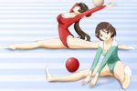  ball blue_eyes brown_hair green_eyes green_leotard gymnast_leotard gymnastics half-soles kinfuji len-cue leotard long_hair multiple_girls ponytail red_leotard rhythmic_gymnastics short_hair sitting smile split yasumi-chan yasumi_(yasumi-chan) 