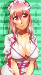  breasts character_name cleavage headphones highres large_breasts long_hair looking_at_viewer nitroplus nurse open_mouth pink_eyes pink_hair solo super_sonico zatsurou 