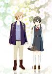  1girl backpack bag black_hair blue_eyes brown_hair couple floral_background flower hetero kitashirakawa_tamako long_hair machinosuke ooji_mochizou school_uniform short_hair string_phone tamako_love_story tamako_market 